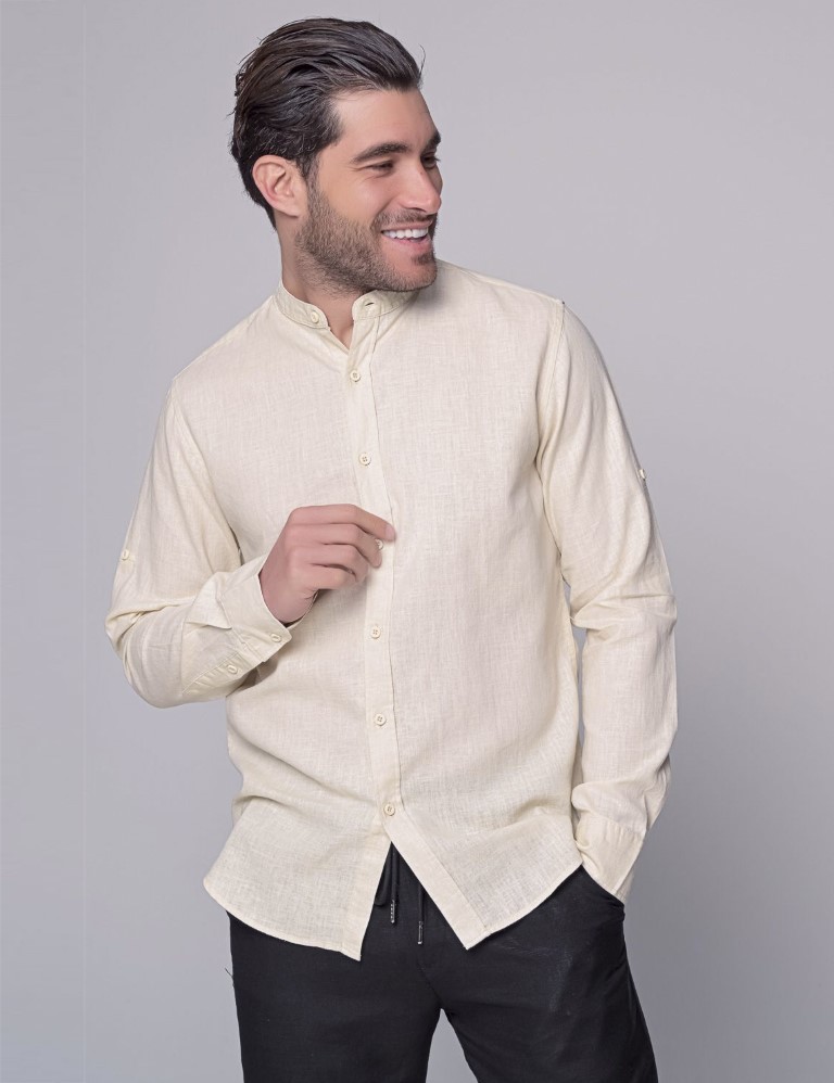 Ben Tailor ανδρικό μπεζ λινό πουκάμισο με μάο γιακά 0967